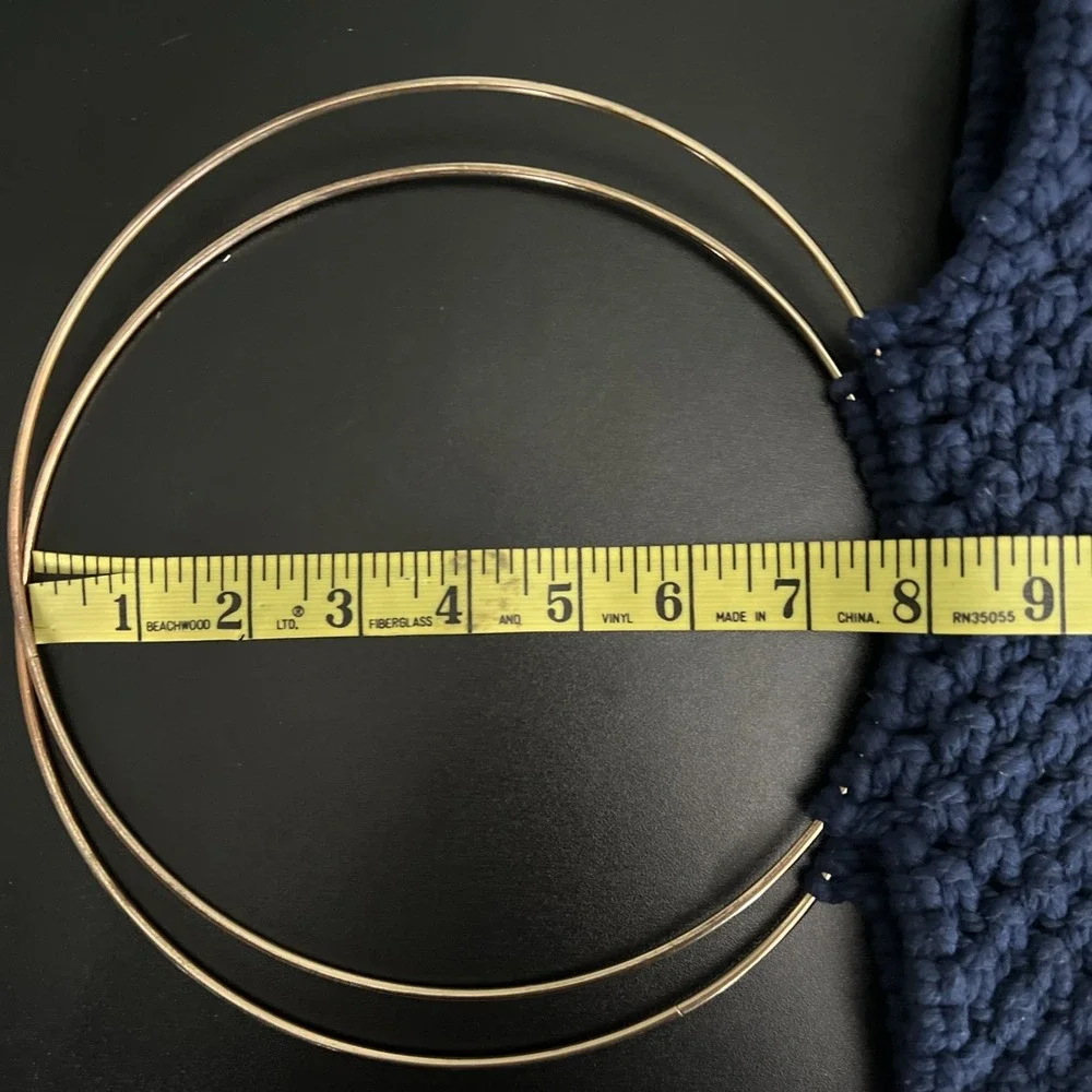 Vintage Handmade 70s Macrame Purse Bag Round Handles Nautical Boho Navy Gold